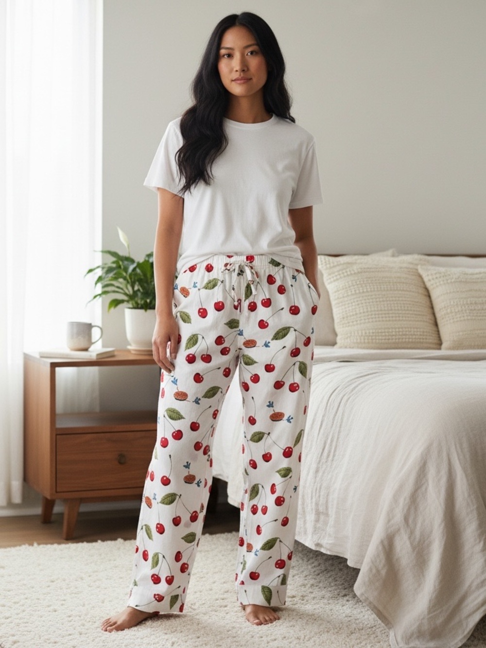 NICK & NORA Cherry-Print Pajama Pants White S